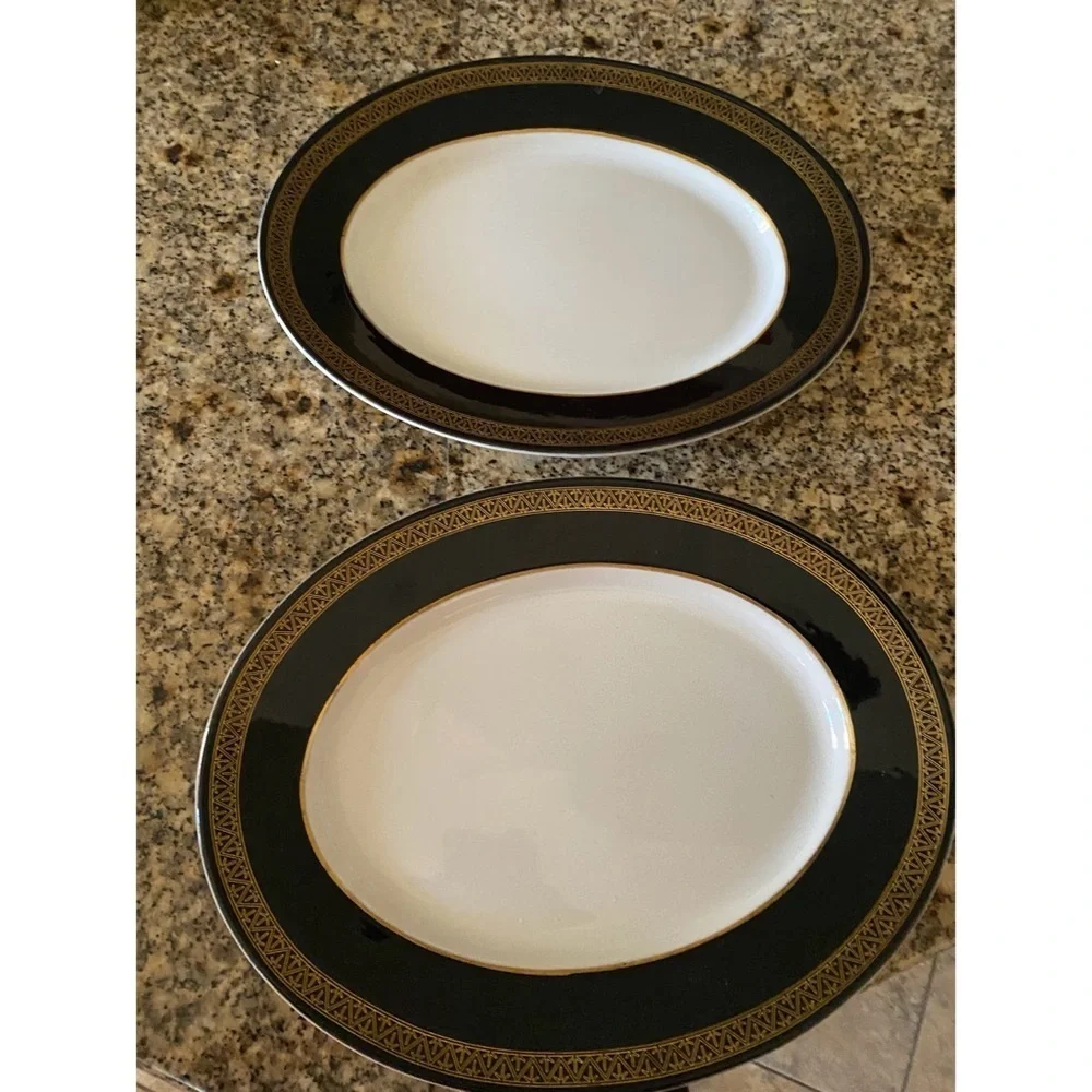 2 Mid Century Modern Shenango China Grecian Gold Black Band Oval Plates 12”x 9.5